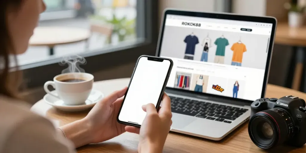 Person browsing ROKOK88 online shopping app in a cozy café.