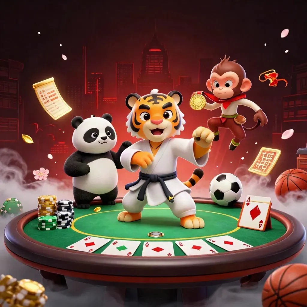 Kung-fu tiger, panda, and monkey amid casino chips, cards, and sports balls in neon glow.