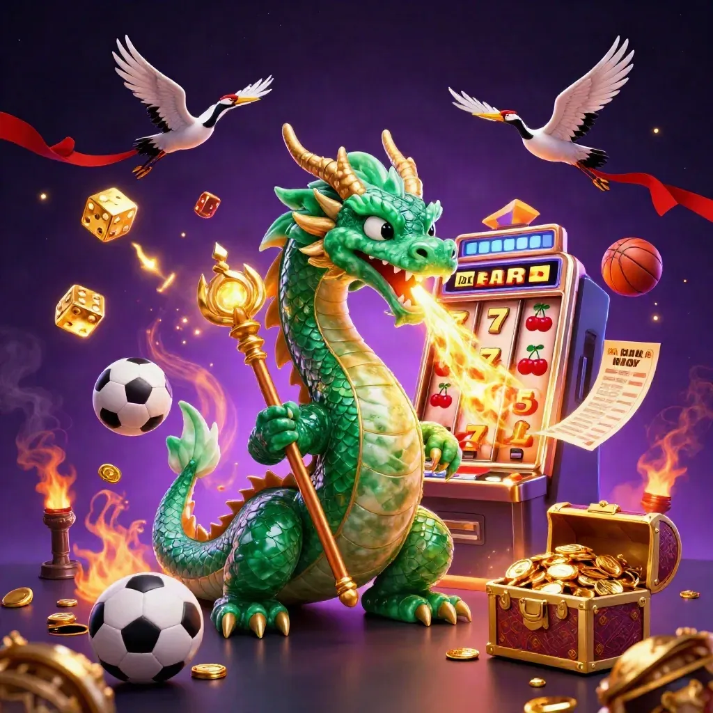 Emerald dragon, turtle sage, and cranes amid jackpot burst, dice, sports balls, and gold in neon purple light