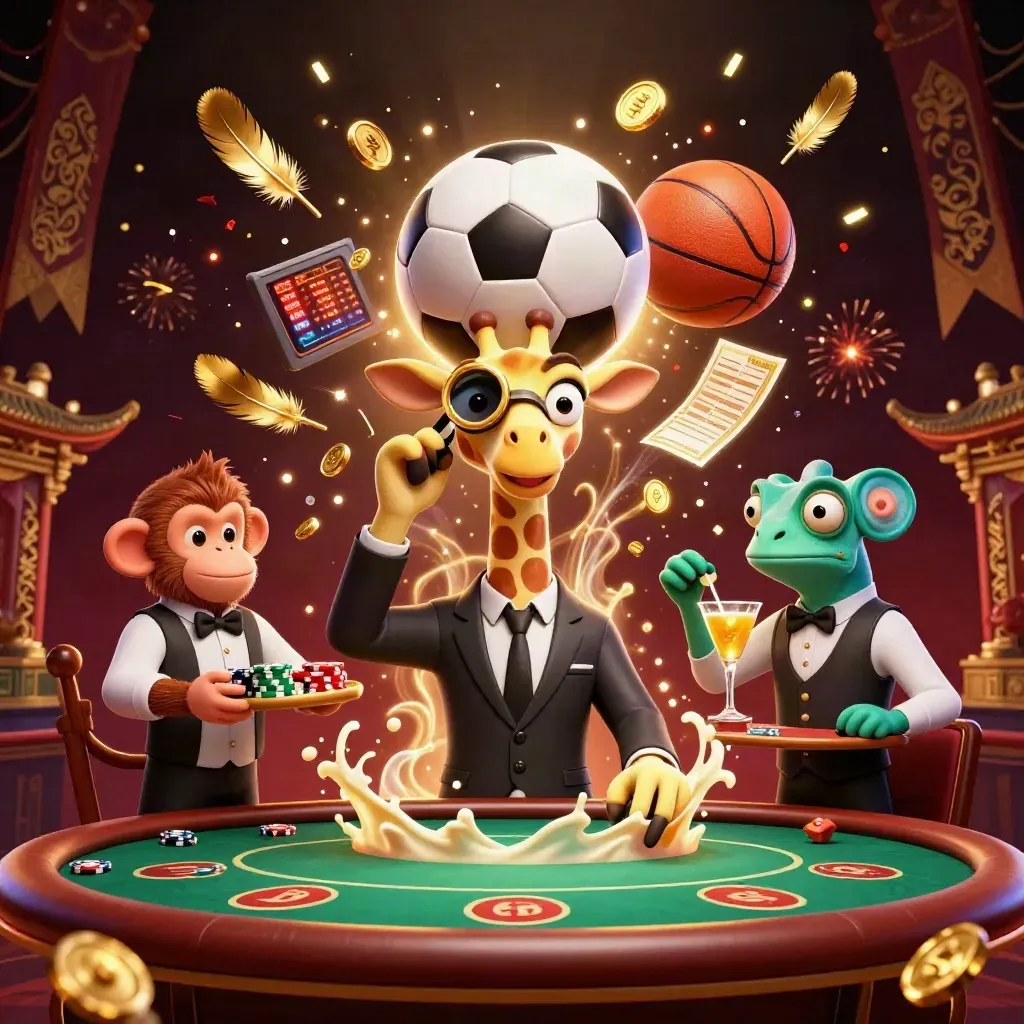 Cartoon giraffe, monkey valet, and chameleon bartender amid sports-bet casino spectacle