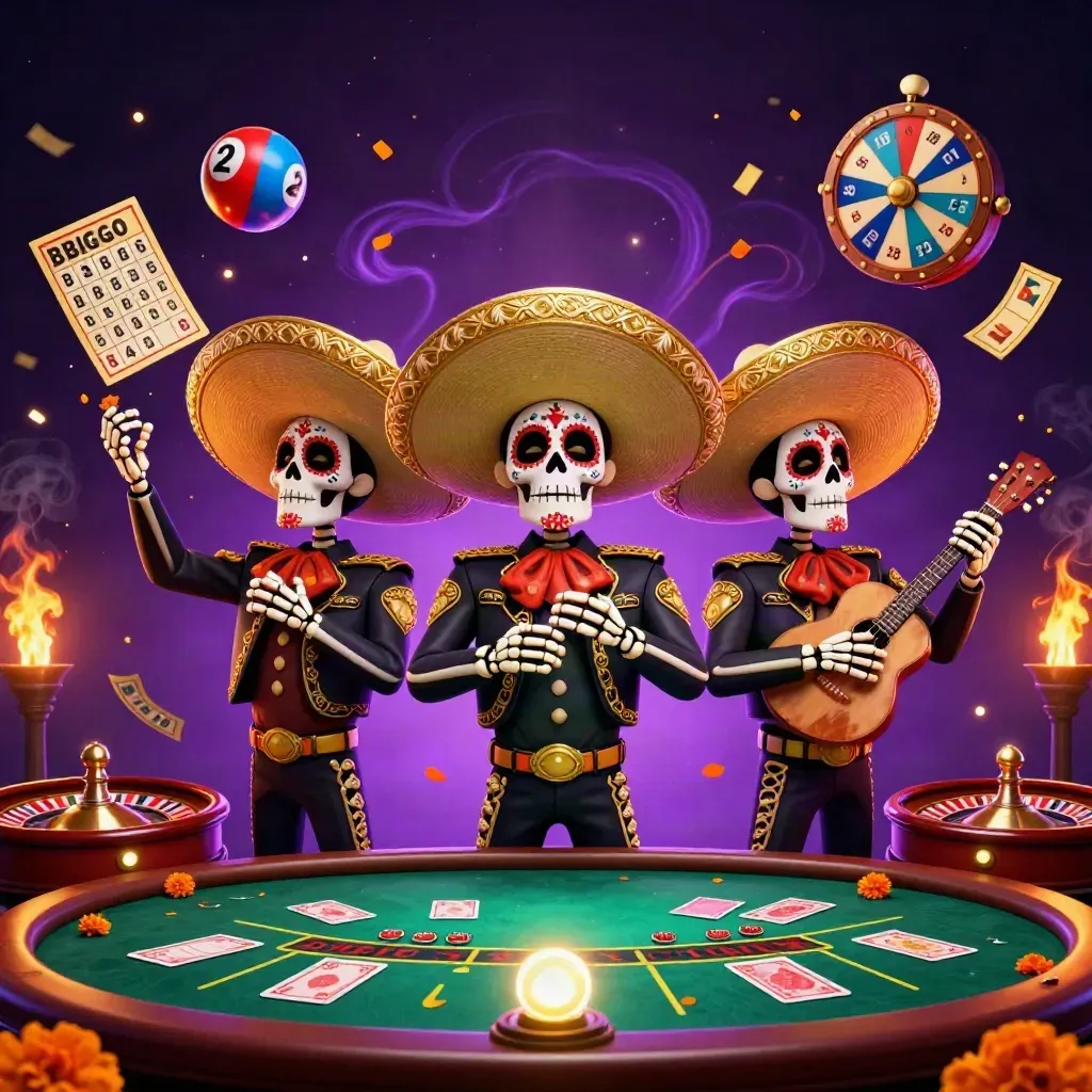 Day-of-the-Dead skeleton mariachi trio amid glowing casino props and a purple starfield