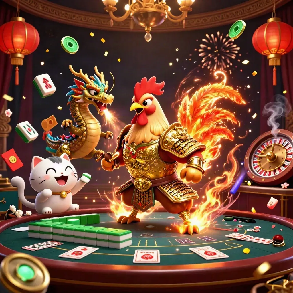 Rooster warrior, dragon hatchling, and fortune cat in a glowing luxury casino room