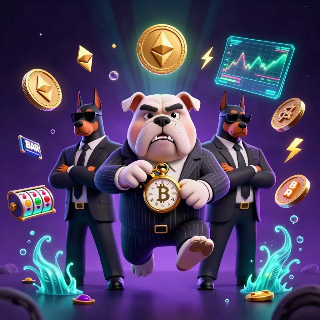 Bulldog boss and Dobermans amid neon coins, slot reels, and electric sportsbook energy.