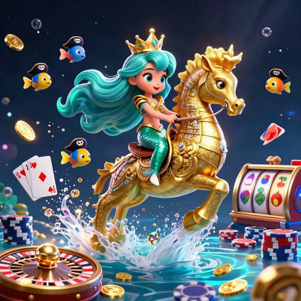 Mermaid princess on armored seahorse with pirate fish, gold coins, chips, cards, and roulette in a glowing casino scene.