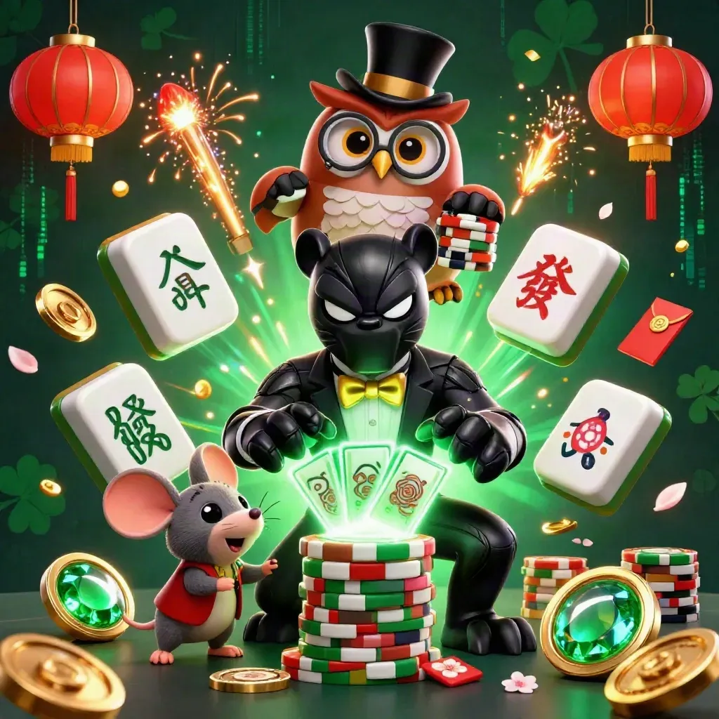 Panther, owl, and mouse deal cards amid lanterns, coins, and neon casino energy.