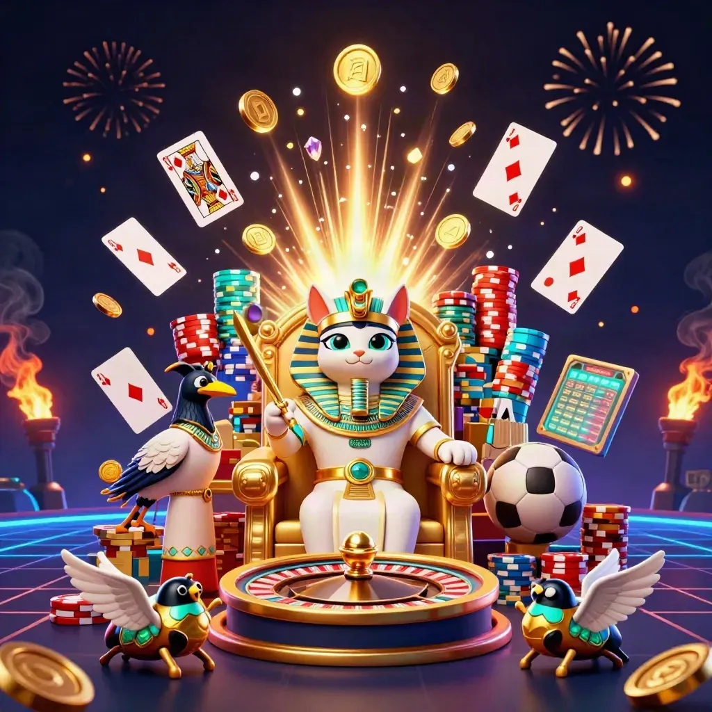 Pharaoh cat, ibis, and scarabs amid coins, chips, cards, and fireworks on a neon casino backdrop.