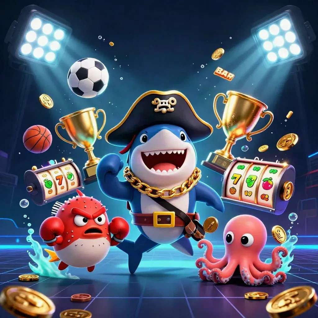 Pirate shark, boxing pufferfish, and coin-juggling octopus in neon sportsbook chaos.