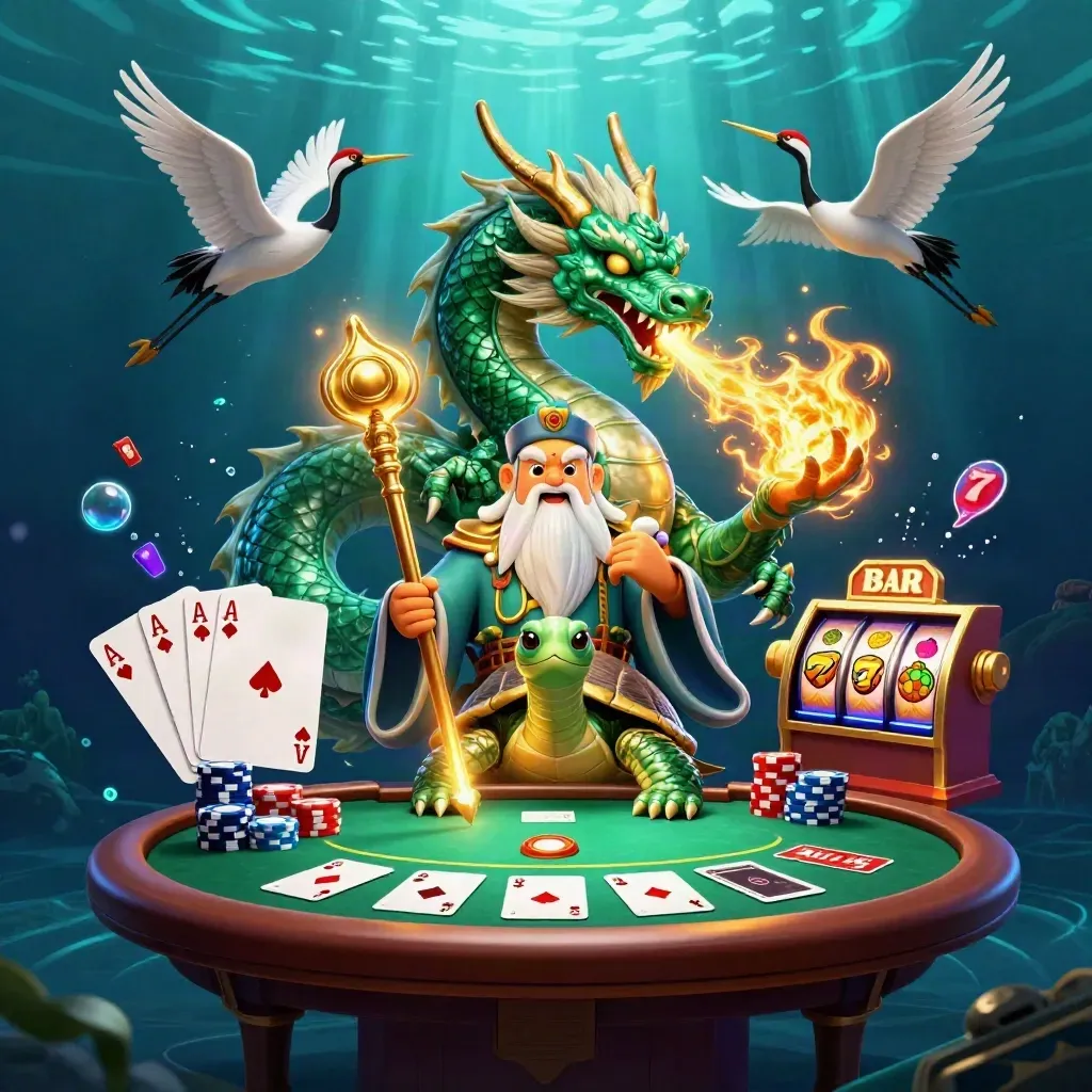Emerald dragon, turtle sage, and cranes amid casino chips, cards, and glowing underwater light.